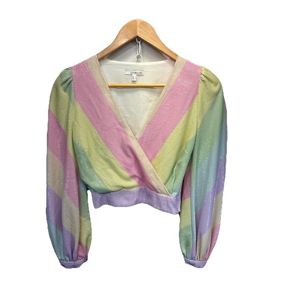 Olivia Rubin Kendall Women Wrap Crop Top Sz Bishop Sleeve Pastel Ombré Sequin - Picture 1 of 14